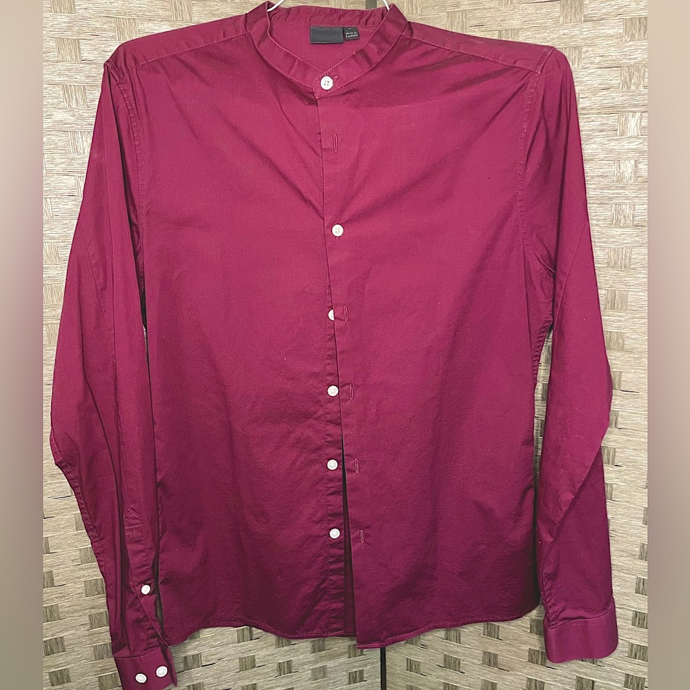 ASOS size M Burgundy Collarless long sleeve casual button down shirt
